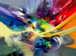 Cuadro abstracto Alegría, obra en acrílico sobre lienzo con colores vibrantes de Rafael Espitia.