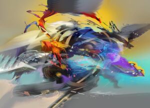 Cuadro abstracto Andromeda en acrílico sobre lienzo con tonos azules, amarillos y violetas, obra de Rafael Espitia.