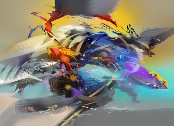 abstract-painting-andromeda-espitia-fine-art Cuadro abstracto Andromeda en acrílico sobre lienzo con tonos azules, amarillos y violetas, obra de Rafael Espitia.