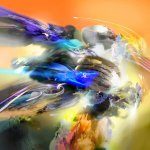 Cuadro abstracto Apolo pintado a mano en acrílico sobre lienzo con contrastes de naranja vibrante y azul eléctrico.