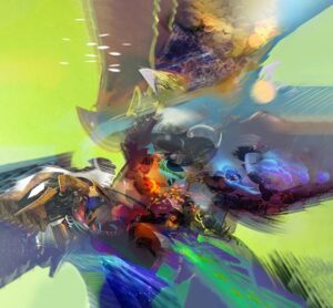 Cuadro abstracto Artemisa pintado a mano en acrílico sobre lienzo con matices verdes, azules y dorados.