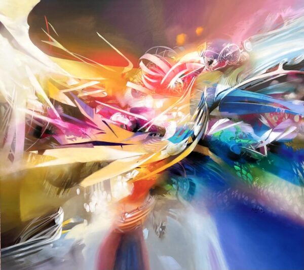 Diseño del cuadro abstracto Sinfonía Orange, una explosión de color en acrílico sobre lienzo.