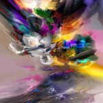 Texto Alt: Diseño del cuadro abstracto Venus con explosión de magentas, púrpuras y formas orgánicas sobre lienzo.