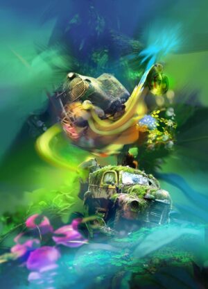 Cuadro de camión clásico EDÉN, acrílico sobre lienzo de Rafael Espitia con motivos de naturaleza surrealista.