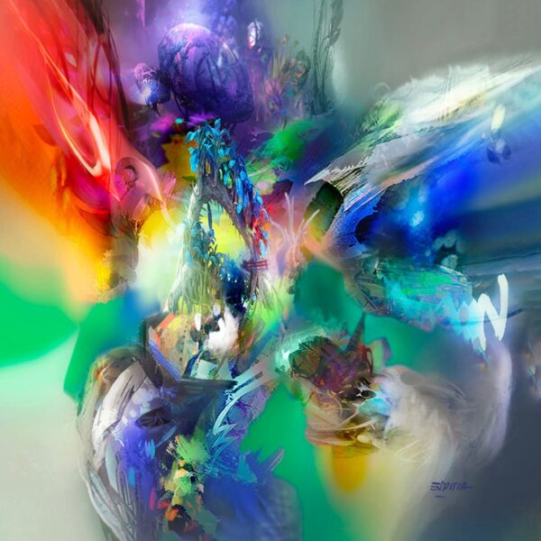 espitia-fine-art-acrylic-painting-abstract-painting-triton Diseño del cuadro abstracto Tritón con formas azules fluidas, tonos oscuros y acentos rojos vibrantes en la esquina superior.