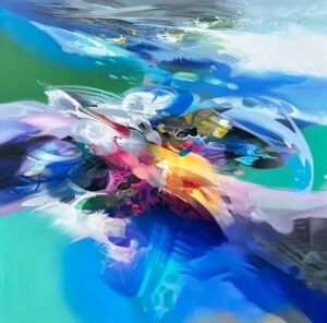 espitia-fine-art-acrylic-painting-abstract-painting-zeus Design of the ZEUS abstract painting featuring electric blues, turquoises, and a fuchsia light core on canvas.